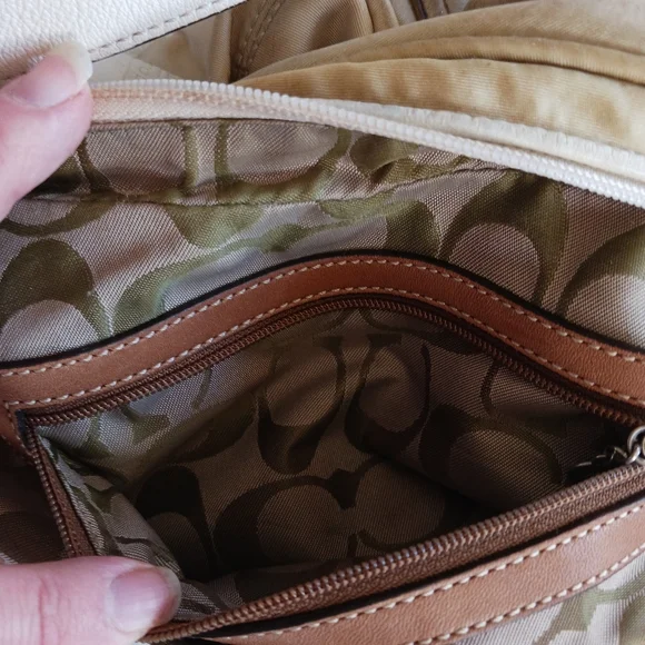 Vintage / Rare Coach Nylon Beige Handbag White Leather Handle Shoulder Bag - Picture 10 of 14